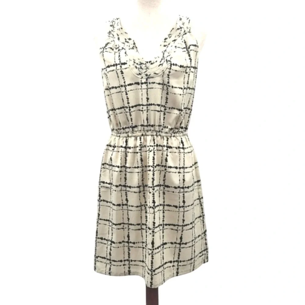 Loft Sleeveless Dress Cream & Black‎ Plaid Print Ruffle Neck Summer Casual